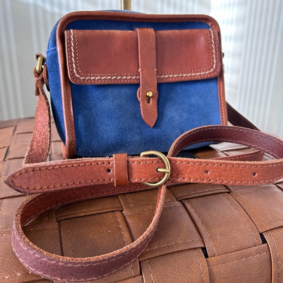 Madewell 1937 Accessories Mini Crossbody Bag Genuine Suede Cognac Leather Blue - Picture 7 of 11